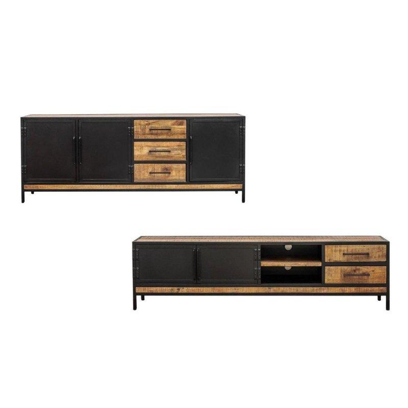 Masif Mango Ağacı Siyah Metal Detaylı 3 Kapaklı Konsol - 200 cm - 129373