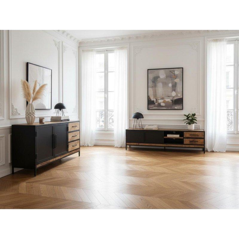 Masif Mango Ağacı Siyah Metal Detaylı 3 Kapaklı Konsol - 200 cm - 129373