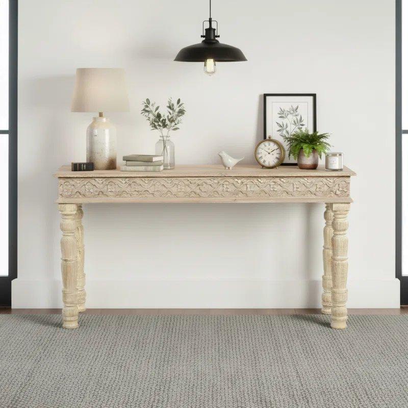 Masif Mango Ahşap Oyma Detaylı Yivli Ayaklı Bohem Dresuar - 145x41 cm - 131493