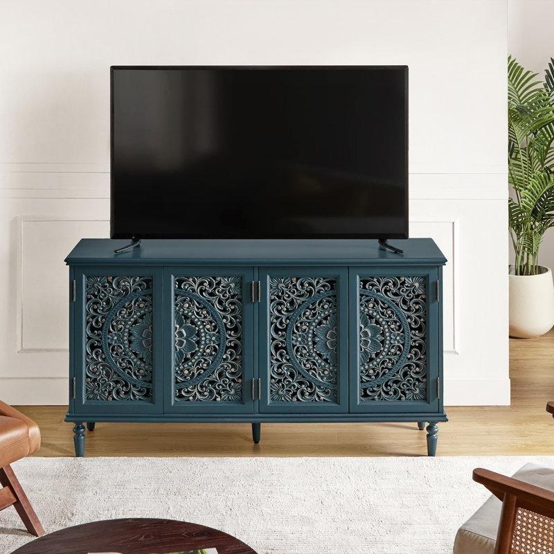 Masif Üst Tablalı Çiçek Oyma Desenli LED Aydınlatmalı 4 Kapaklı Konsol - 155 cm - 128614
