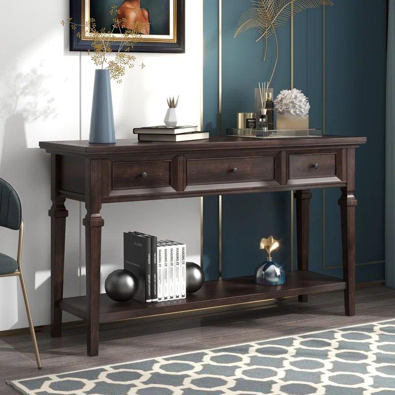 Masif ve Endüstriyel Ahşap 3 Çekmeceli Raflı Country Dresuar - 127x38x77 cm - 132866