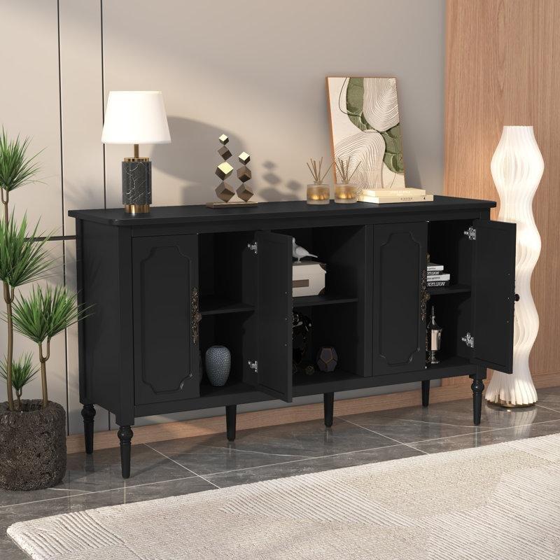 Masif ve Endüstriyel Ahşap 4 Kapaklı Açık Raflı Bronz Kulplu Yeşil Konsol - 150x40x80 cm - 129091
