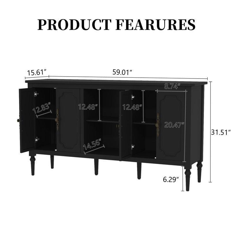 Masif ve Endüstriyel Ahşap 4 Kapaklı Açık Raflı Bronz Kulplu Yeşil Konsol - 150x40x80 cm - 129091