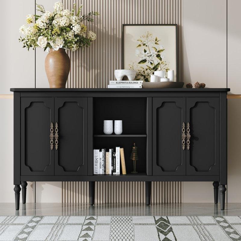 Masif ve Endüstriyel Ahşap 4 Kapaklı Açık Raflı Bronz Kulplu Yeşil Konsol - 150x40x80 cm - 129091