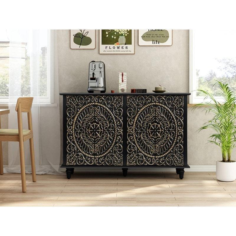 Masif ve Endüstriyel Ahşap 4 Kapaklı Kabartma Desenli Bohem Konsol - 122x39x81 cm - 128935