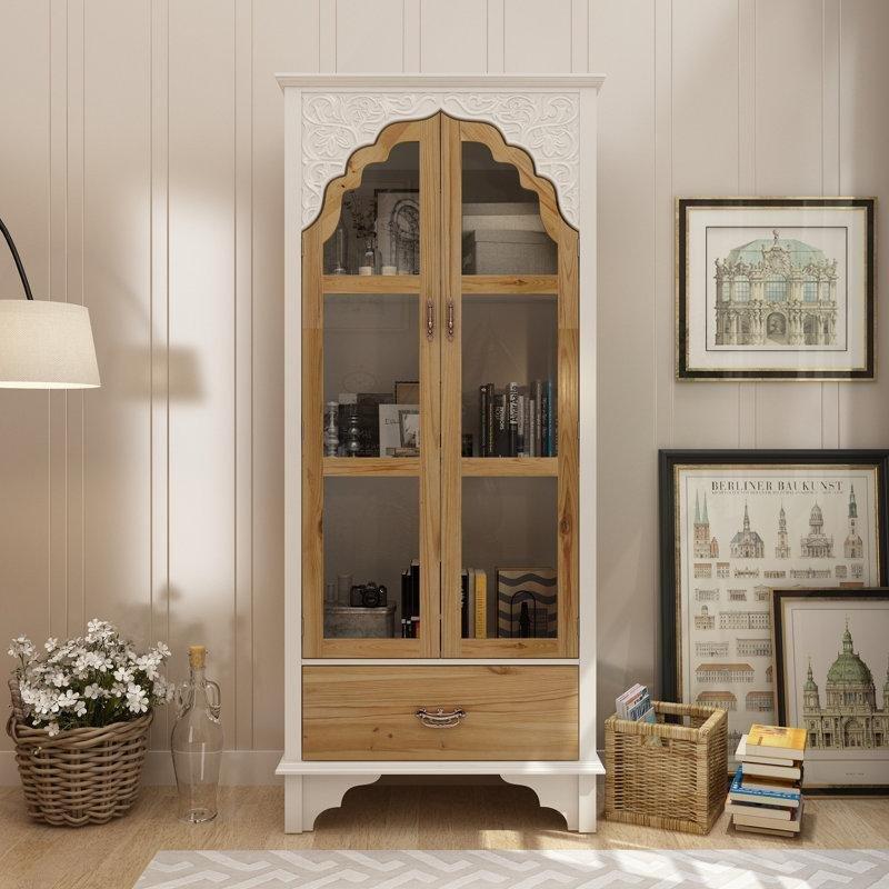 Masif ve Endüstriyel Ahşap Cam Kapaklı Çekmeceli Oymalı Kitaplık - 181x81 cm - 141589