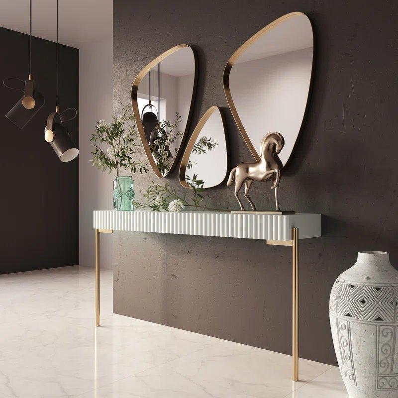 Mat Beyaz ve Gold MDF 3 Çekmeceli Aynalı Dresuar - 100x35x80 cm - 131389
