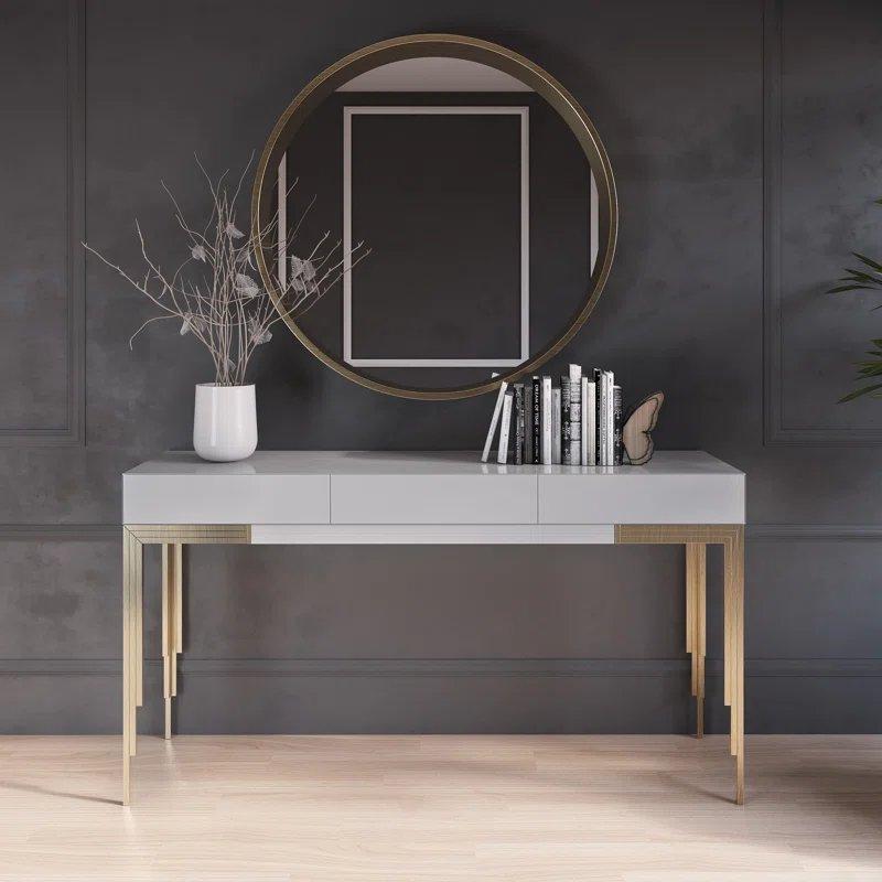 Mat Beyaz ve Gold Metal Ayaklı 3 Çekmeceli Yuvarlak Aynalı Dresuar - 100x35x80 cm - 131404