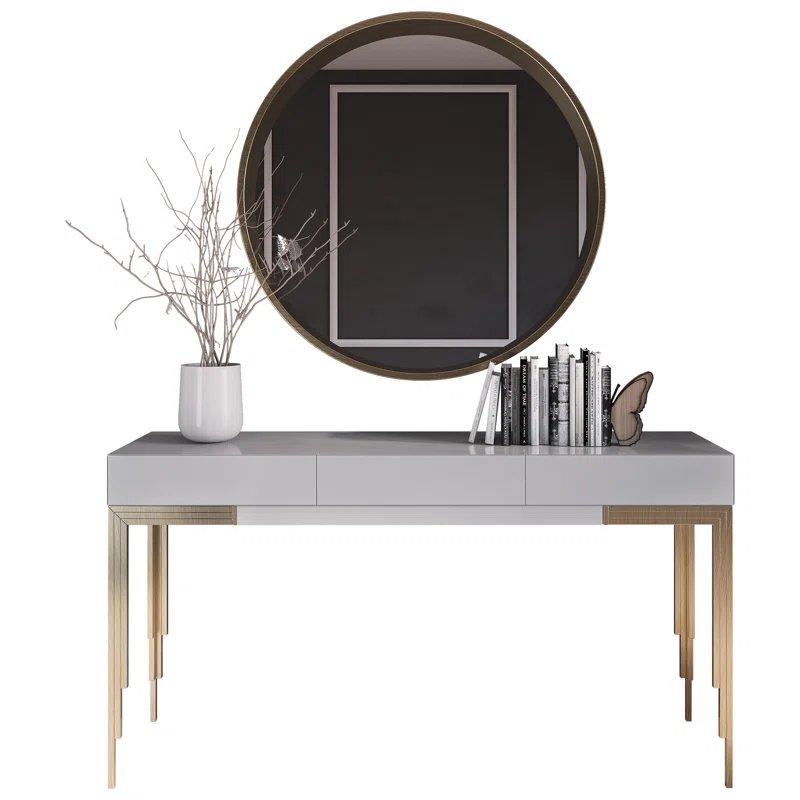 Mat Beyaz ve Gold Metal Ayaklı 3 Çekmeceli Yuvarlak Aynalı Dresuar - 100x35x80 cm - 131404