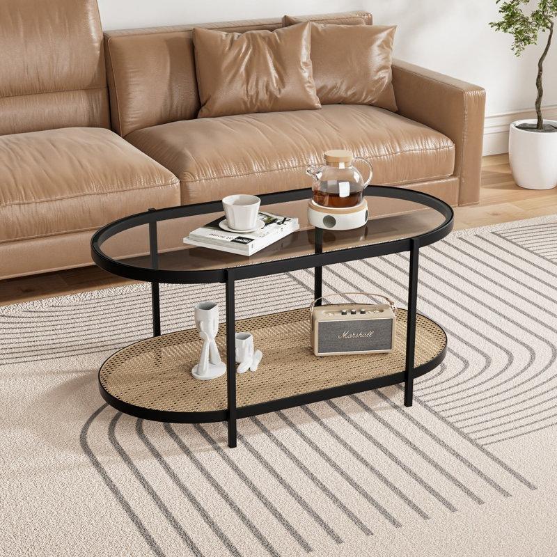 Mat Siyah Cam Hasır Raflı Hasır Cam Sehpa-90x45x42 cm - 117579