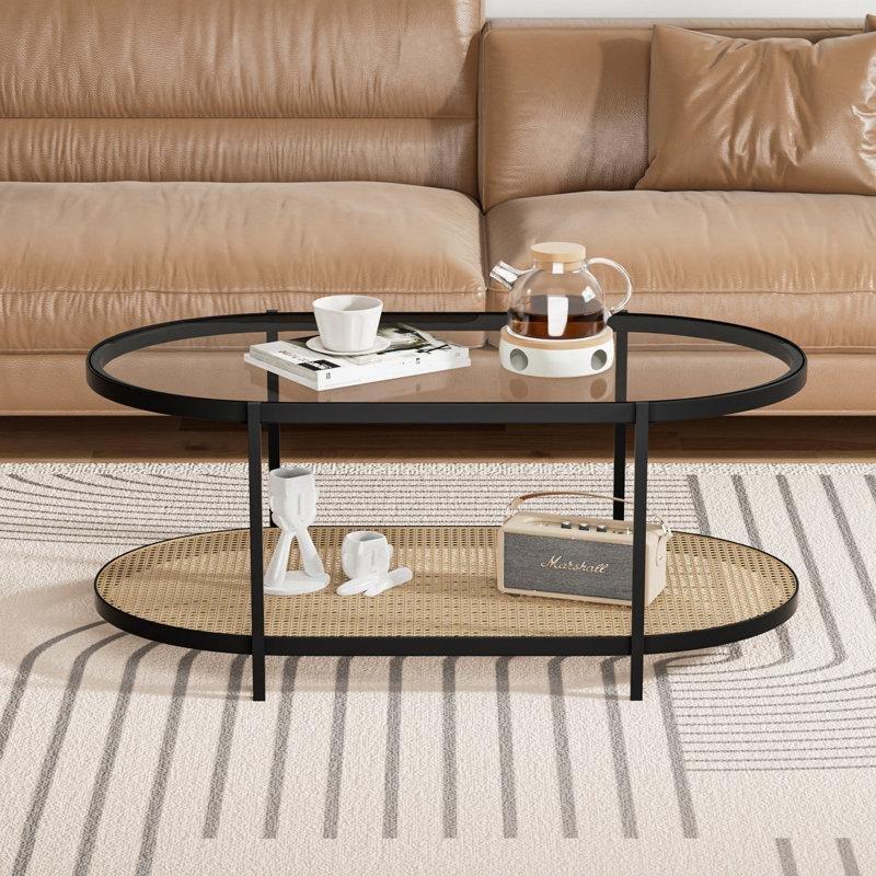 Mat Siyah Cam Hasır Raflı Hasır Cam Sehpa-90x45x42 cm - 117579