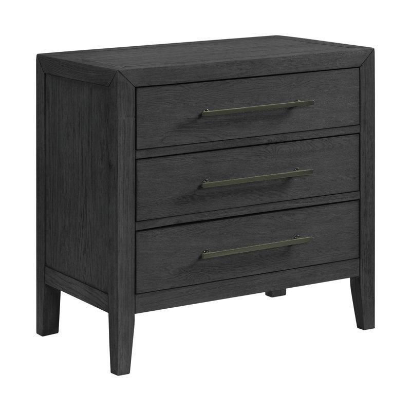 Mat Siyah Masif Meşe Kaplama Metal Kulplu 3 Çekmeceli Komodin - 72x44x72 cm - 127586