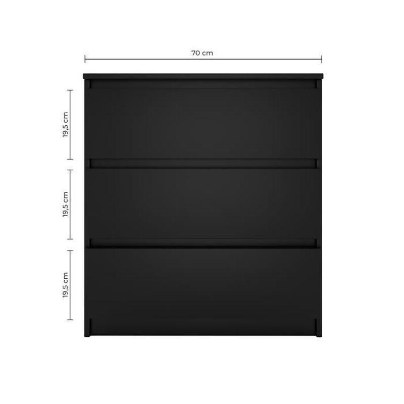 Mat Siyah Melamin Yonga Levha 3 Çekmeceli Kulpsuz Tasarım Şifonyer - 70x40x77 cm - 123693