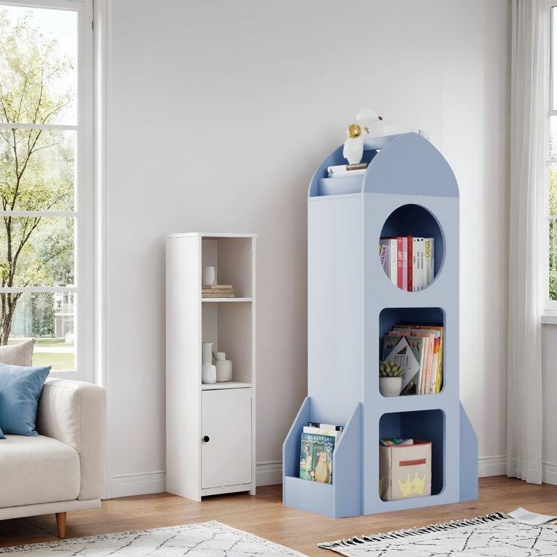 Mavi Endüstriyel Ahşap Roket Tasarımlı 4 Raflı Kitaplık - 60x30x120 cm - 141214