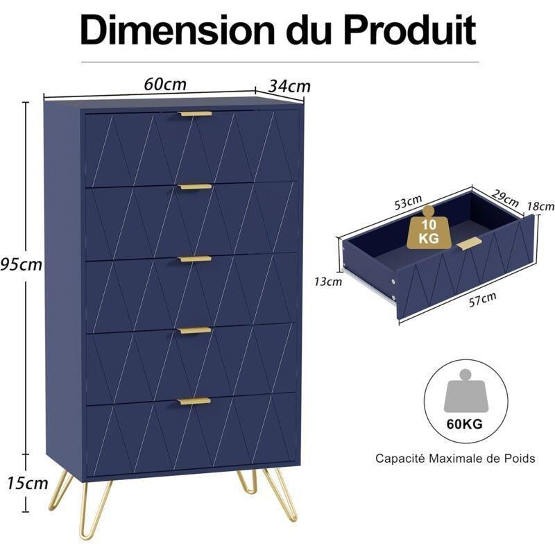 Mavi Gold Detaylı Geometrik Desenli 5 Çekmeceli Şifonyer - 60x34x110 cm - 123250