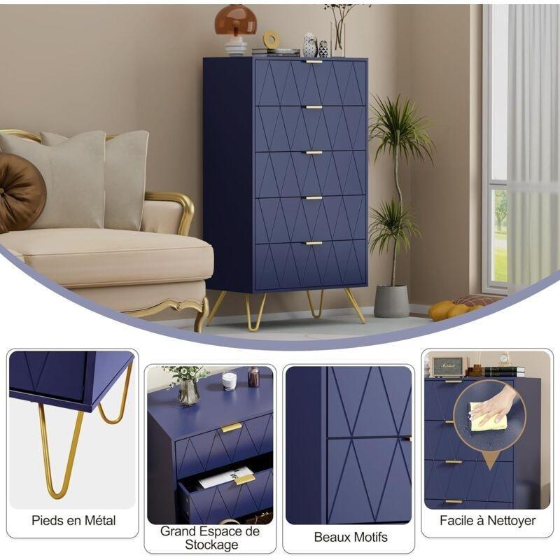 Mavi Gold Detaylı Geometrik Desenli 5 Çekmeceli Şifonyer - 60x34x110 cm - 123250