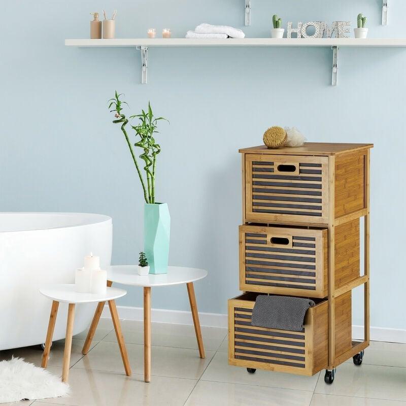 Mavi Kahverengi Bambu Raflı Tekerlekli Banyo Dolabı-92x41x41 cm - 113625