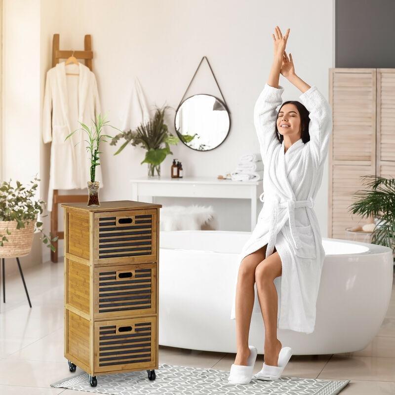 Mavi Kahverengi Bambu Raflı Tekerlekli Banyo Dolabı-92x41x41 cm - 113625
