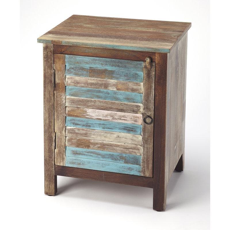 Mavi Kahverengi Masif Mango Ağacı Eskitme Tasarımlı Kapaklı Renkli Komodin - 47x37x61 cm - 128077