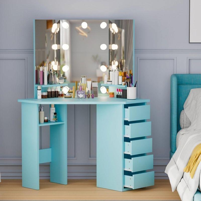 Mavi Köşe Tasarımlı 10 LED Işıklı ve 5 Çekmeceli Makyaj Masası - 112x50x143 cm - 122125