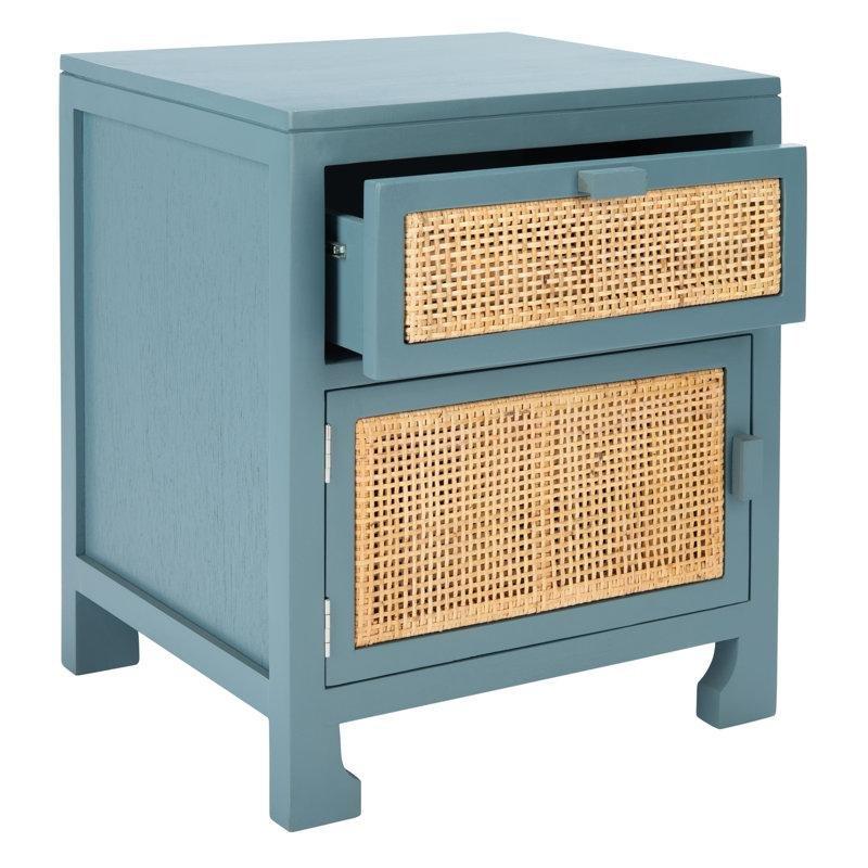Mavi Masif Sedir ve Rattan Hasır Örgülü Çekmeceli Kapaklı Komodin - 46x44x56 cm - 127265