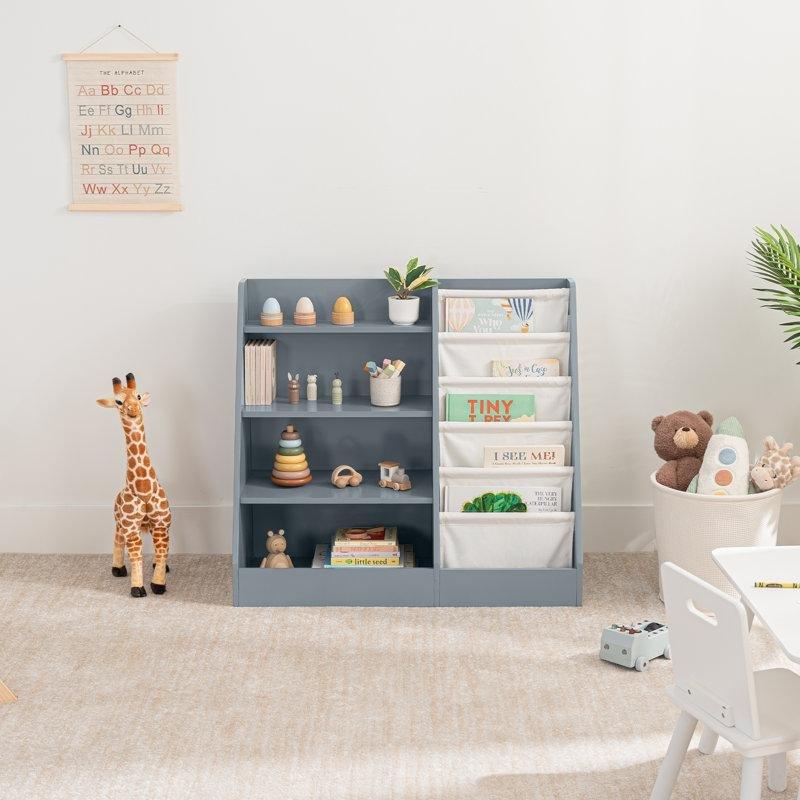 Mavi Masif ve Endüstriyel Ahşap 4 Raflı Montessori Kitaplık - 80x90x40 cm - 141175
