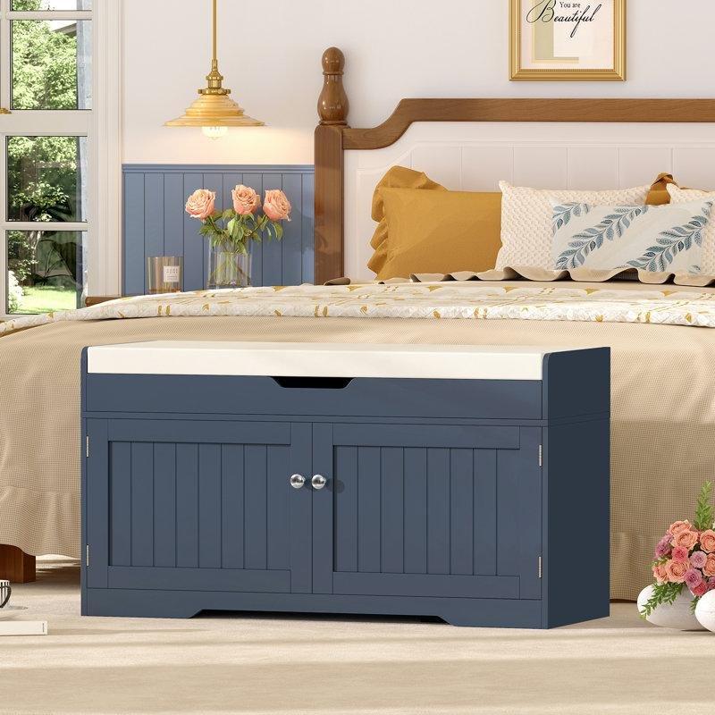 Mavi Masif ve Endüstriyel Ahşap Gizli Bölmeli Minderli Ayakkabılık Bench - 92x50x35 cm - 120886