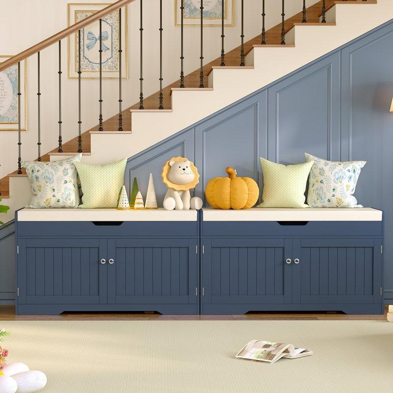 Mavi Masif ve Endüstriyel Ahşap Gizli Bölmeli Minderli Ayakkabılık Bench - 92x50x35 cm - 120886