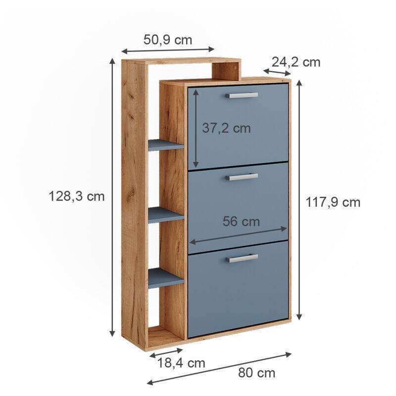 Mavi Meşe Melamin Kaplı 3 Düşer Kapaklı ve Raflı Ahşap Ayakkabılık - 80x129 cm - 118878