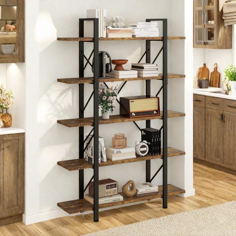 Melamine Kaplı MDF ve Metal 5 Raflı Çapraz Destekli Kitaplık - 120x31x181 cm - 141958