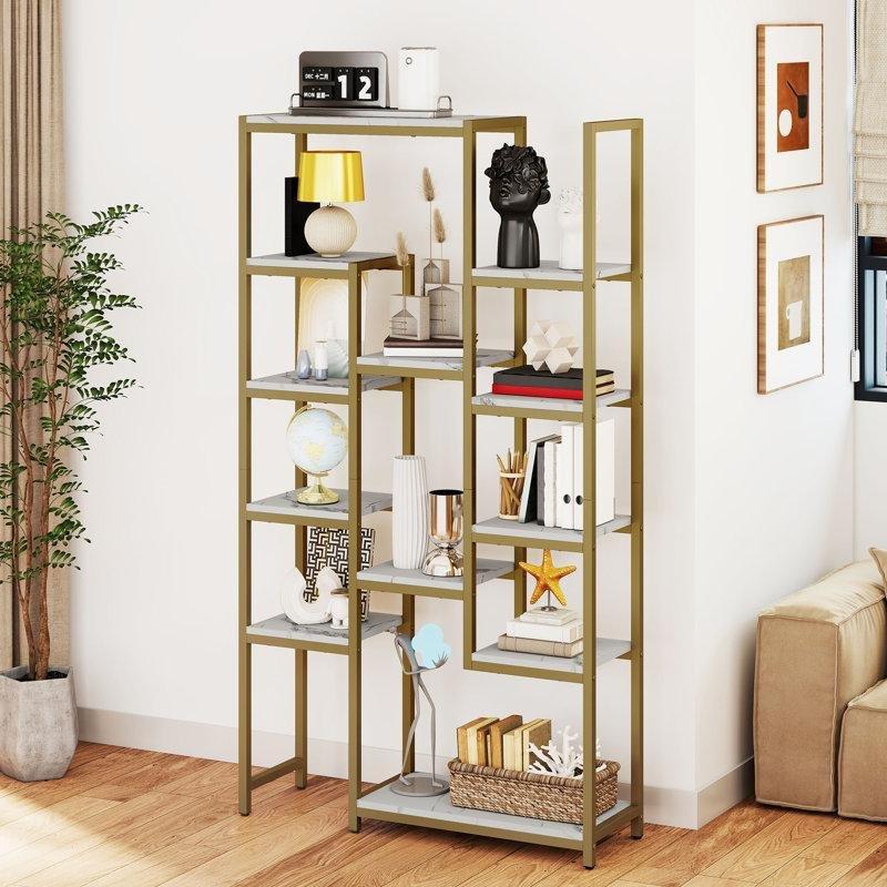 Mermer Desenli Endüstriyel Ahşap ve Metal 12 Raflı Geometrik Kitaplık - 181x98 cm - 141751