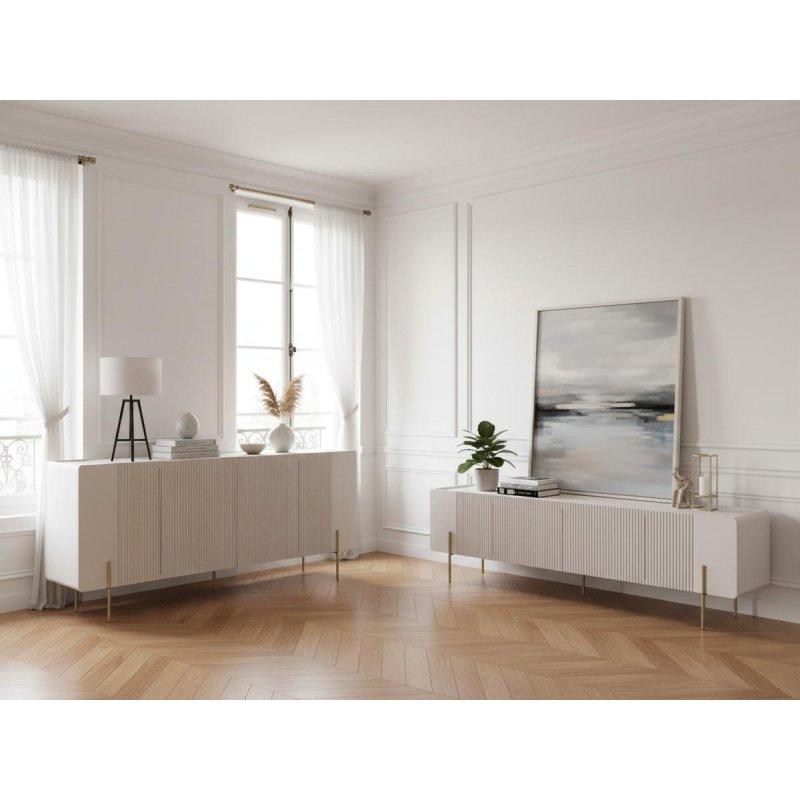 Mermer Desenli Gold Ayaklı 4 Kapaklı Yuvarlatılmış Hatlı Konsol - 200 cm - 129404