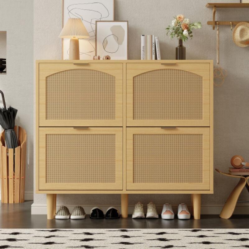 Meşe Ahşap ve Rattan 4 Bölmeli Düşer Kapak Ayakkabılık - 100x25x90 cm - 120059