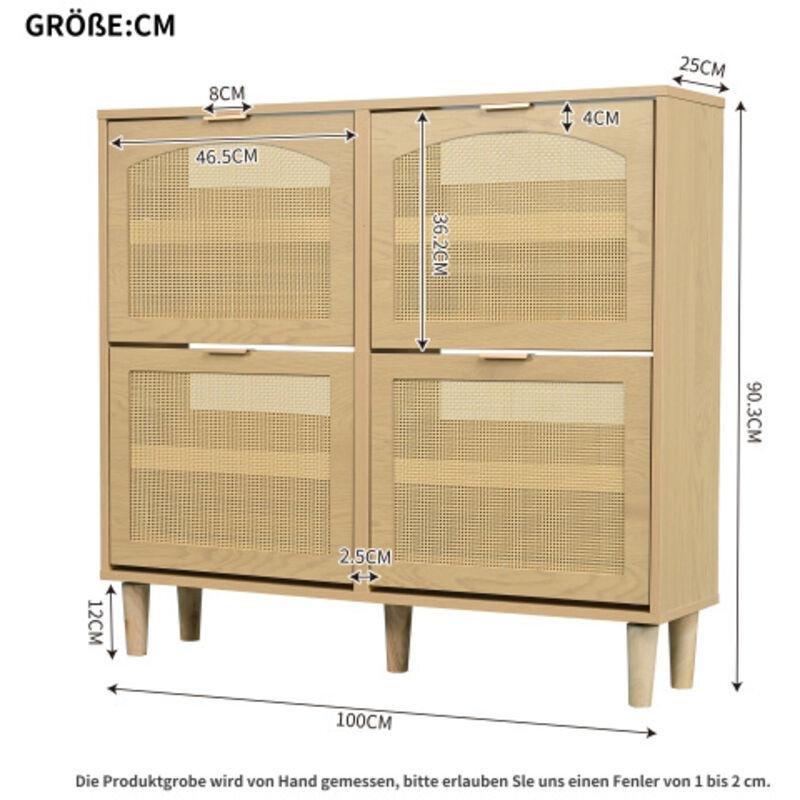 Meşe Ahşap ve Rattan 4 Bölmeli Düşer Kapak Ayakkabılık - 100x25x90 cm - 120059