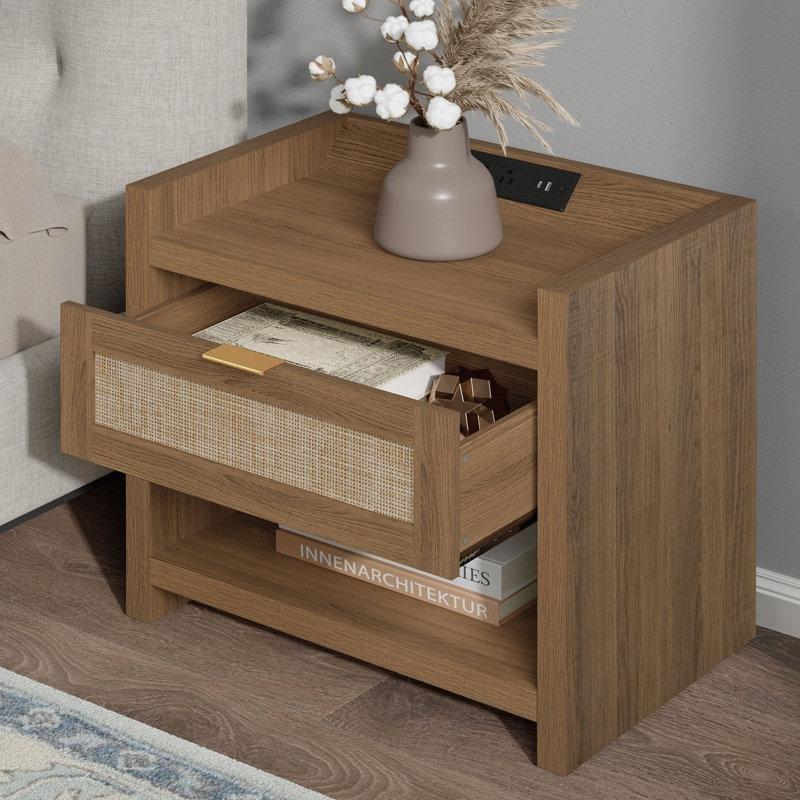 Meşe Ahşap ve Rattan Detaylı Şarj İstasyonlu İkili Komodin Seti - 60x40x56 cm - 127271