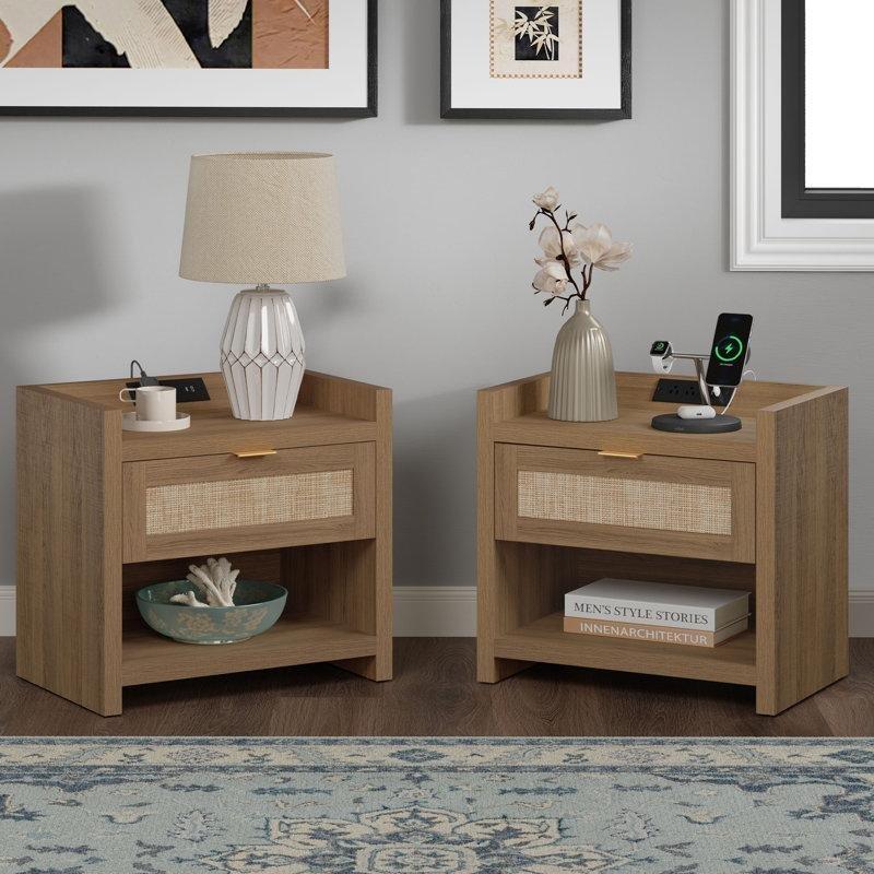 Meşe Ahşap ve Rattan Detaylı Şarj İstasyonlu İkili Komodin Seti - 60x40x56 cm - 127271