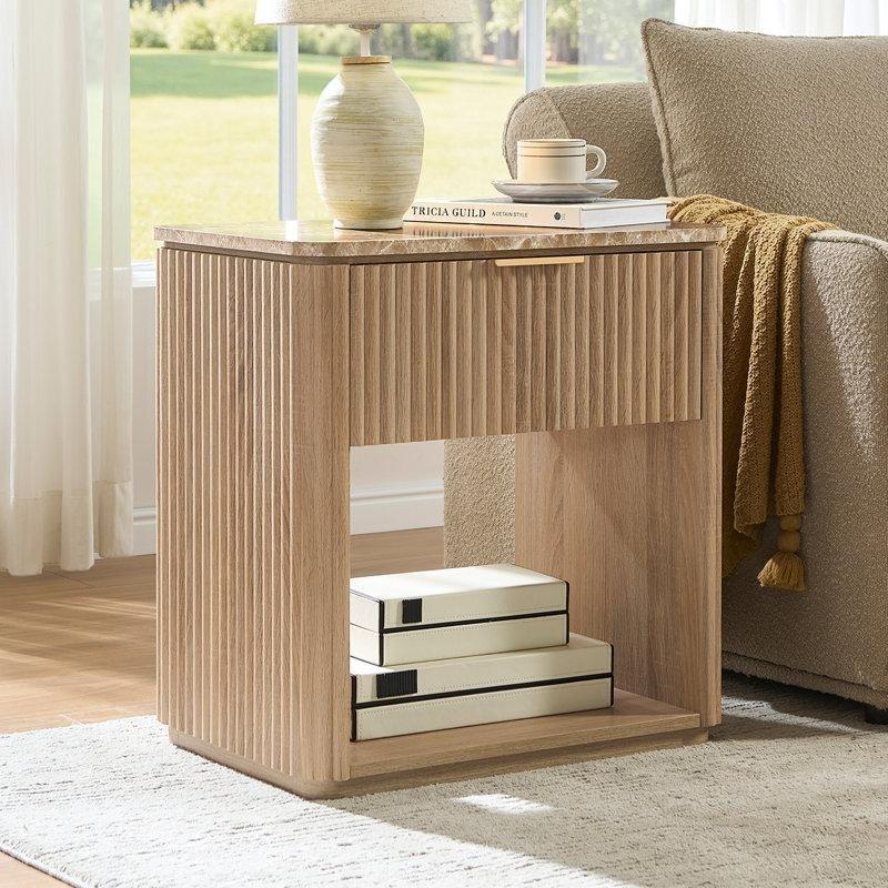 Meşe Ahşap Yivli ve Raflı Mermer Komodin - 59x40x61 cm - 128020