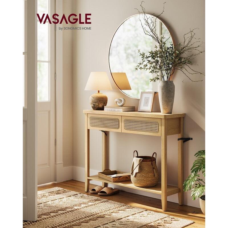 Meşe Bej Endüstriyel Ahşap ve Rattan Tasarımlı 2 Çekmeceli Raflı Dresuar - 100x30x80 cm - 133842