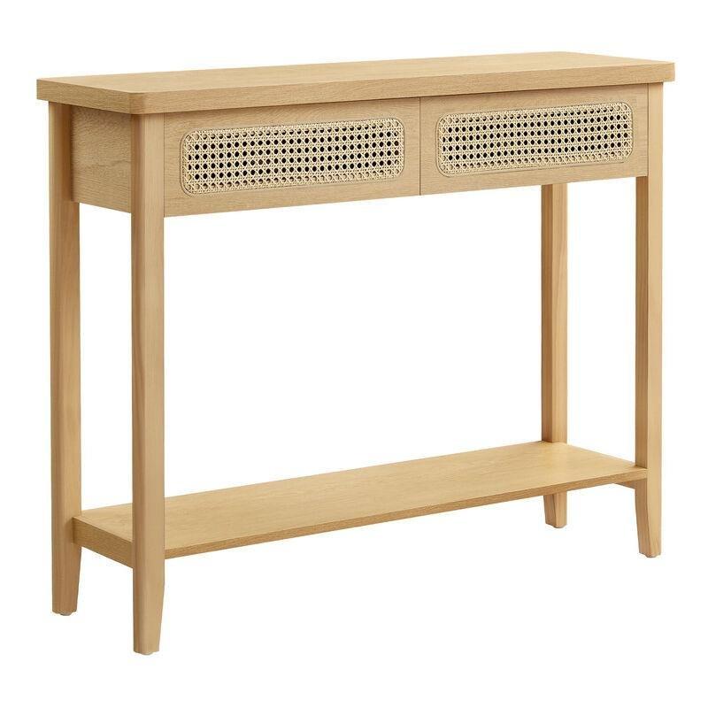 Meşe Bej Endüstriyel Ahşap ve Rattan Tasarımlı 2 Çekmeceli Raflı Dresuar - 100x30x80 cm - 133842