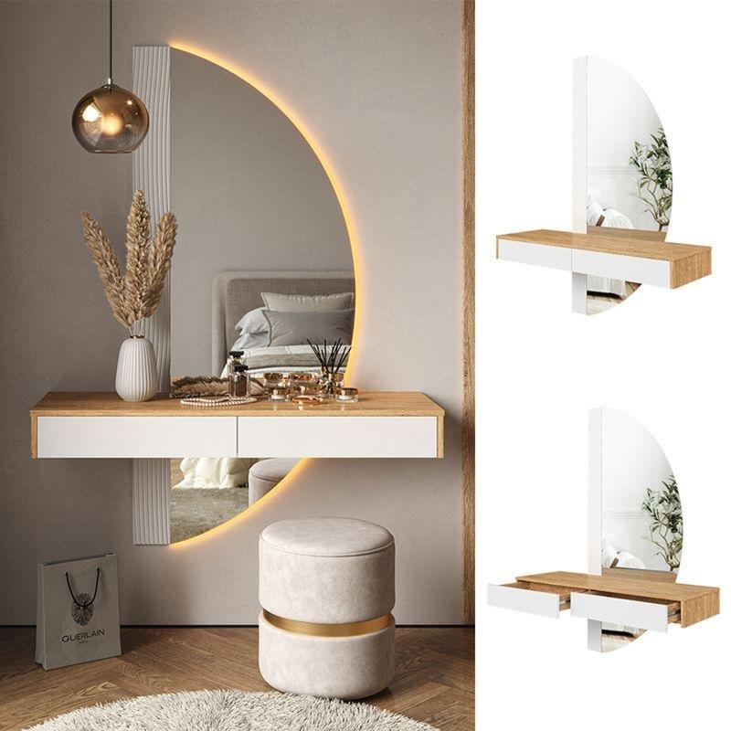 Meşe Beyaz Melamin Kaplı LED Aydınlatmalı Büyük Aynalı Makyaj Masası - 120 cm - 122239