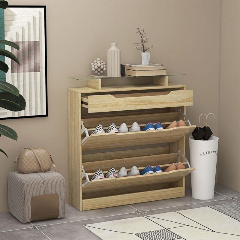 Meşe Desenli Cam Raflı Çekmeceli Düşer Kapaklı Ayakkabılık - 89x23x96 cm - 119363