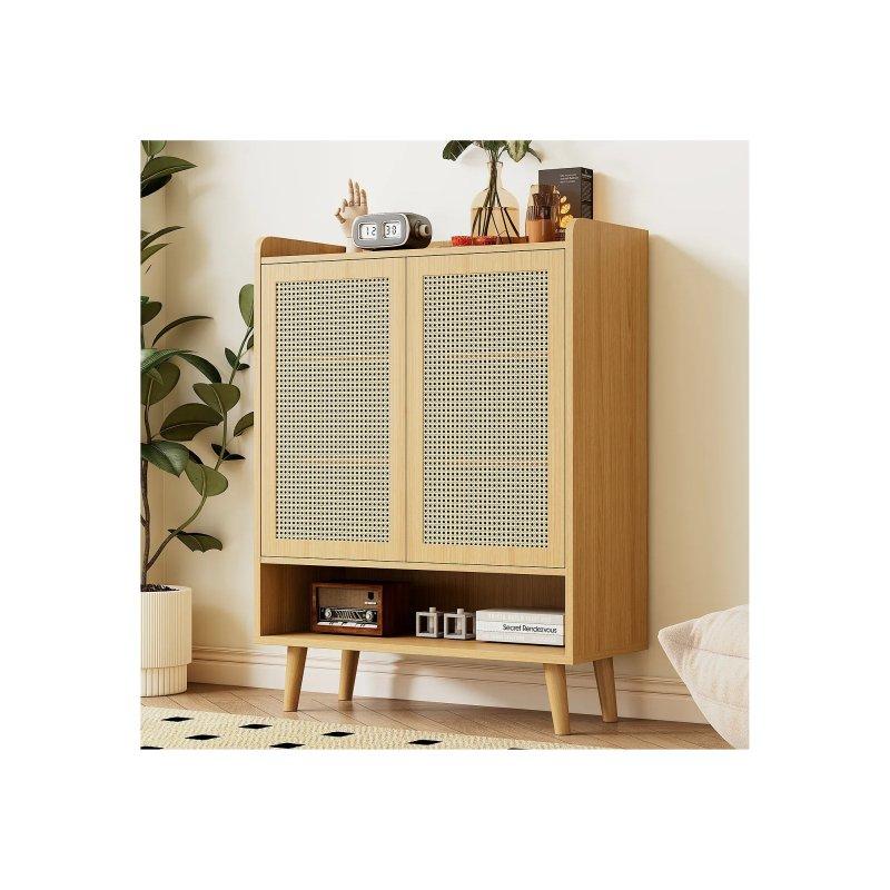 Meşe Doğal Rattan ve Ahşap 2 Kapaklı 5 Raflı Bas Aç Mekanizmalı Ayakkabılık - 80x35x105 cm - 118753