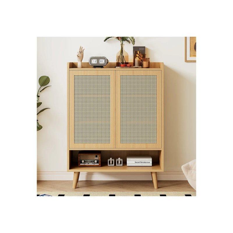 Meşe Doğal Rattan ve Ahşap 2 Kapaklı 5 Raflı Bas Aç Mekanizmalı Ayakkabılık - 80x35x105 cm - 118753