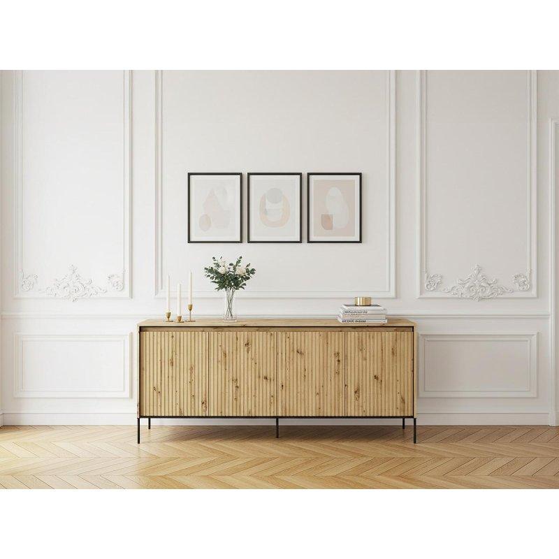 Meşe Endüstriyel Ahşap LED Aydınlatmalı Çıtalı 4 Kapaklı Konsol - 193x40x83 cm - 129453
