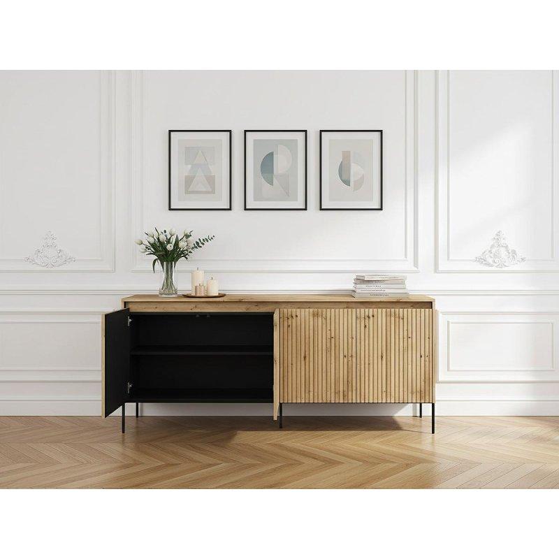 Meşe Endüstriyel Ahşap LED Aydınlatmalı Çıtalı 4 Kapaklı Konsol - 193x40x83 cm - 129453