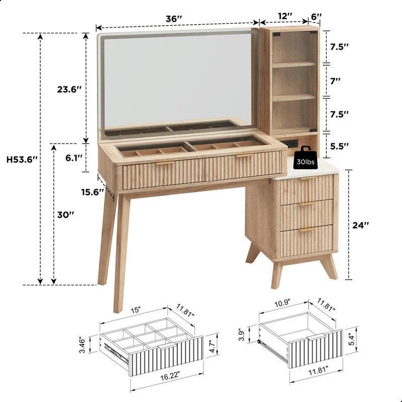 Meşe Endüstriyel Ahşap LED Işıklı ve Cam Tablalı Şarj İstasyonlu Yivli Makyaj Masası - 122 cm - 121891