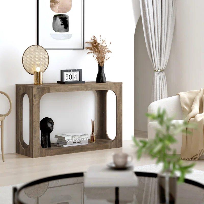 Meşe Endüstriyel Ahşap Oval Yan Tasarımlı Raflı Dresuar - 120x40x77 cm - 133052