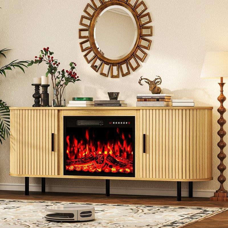 Meşe Endüstriyel Ahşap Şömineli ve Yivli Detaylı Konsol - 166 cm - 129244