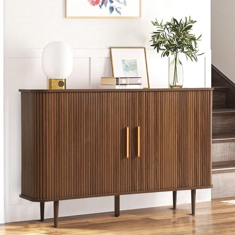 Meşe Endüstriyel Ahşap Yivli Sürgülü Kapaklı Metal Ayaklı Konsol - 121x35x81 cm - 128740