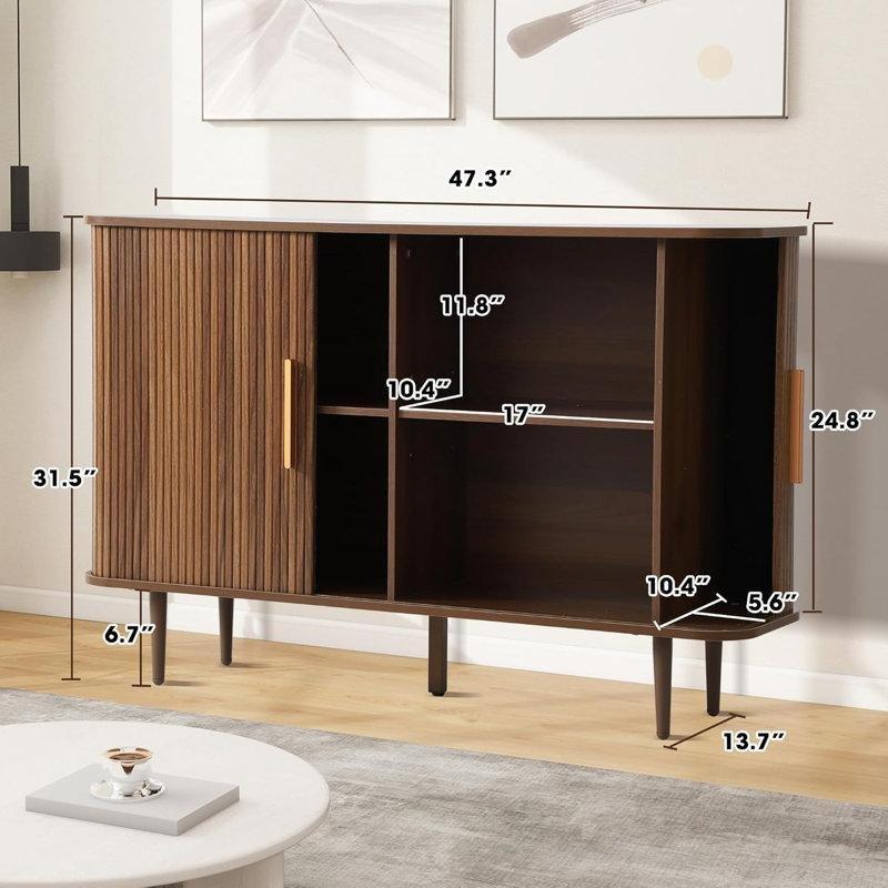 Meşe Endüstriyel Ahşap Yivli Sürgülü Kapaklı Metal Ayaklı Konsol - 121x35x81 cm - 128740